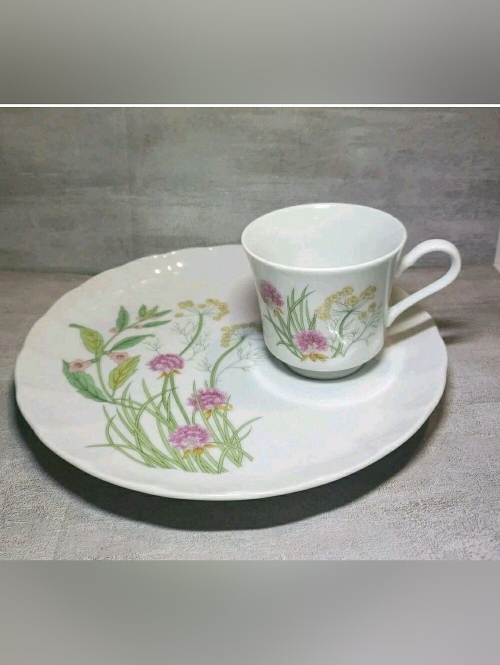 Vtg Sheffield Herbs And Spices Lunch Snack Plate Cup Set Floral Cottage Dainty